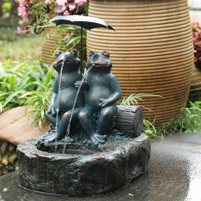 a couple frog under umbrella fountain